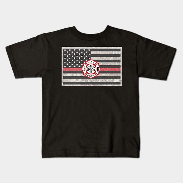 Firefighter Gifts, Thin Red Line Flag with Grunge Overlay Kids T-Shirt by 3QuartersToday